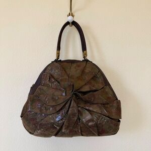 Brown Snake Embossed Ruffle Satchel Bag Boho Camo Earth Tone Handbag Forest Girl